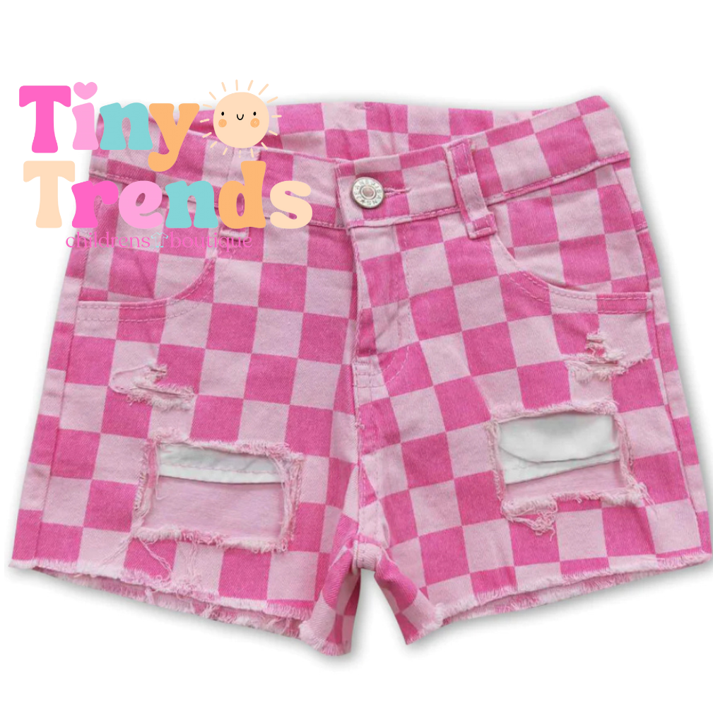 Pink Checkered Jean Shorts Tiny Trends Clothing Co
