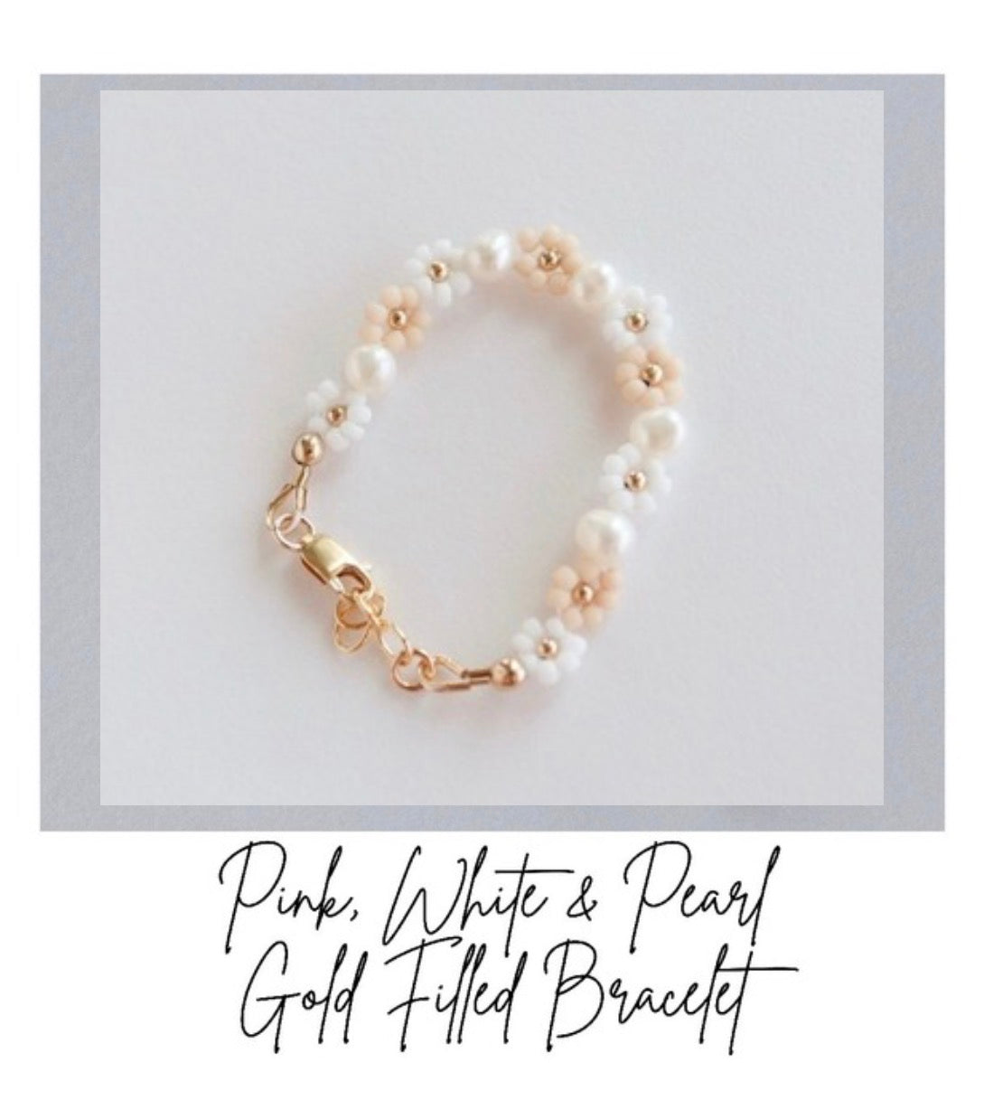 Pink White & Pearl Gold Filled Bracelet