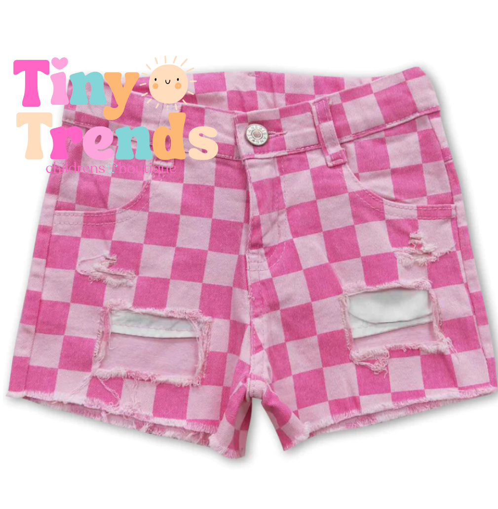 Pink Checkered Jean Shorts